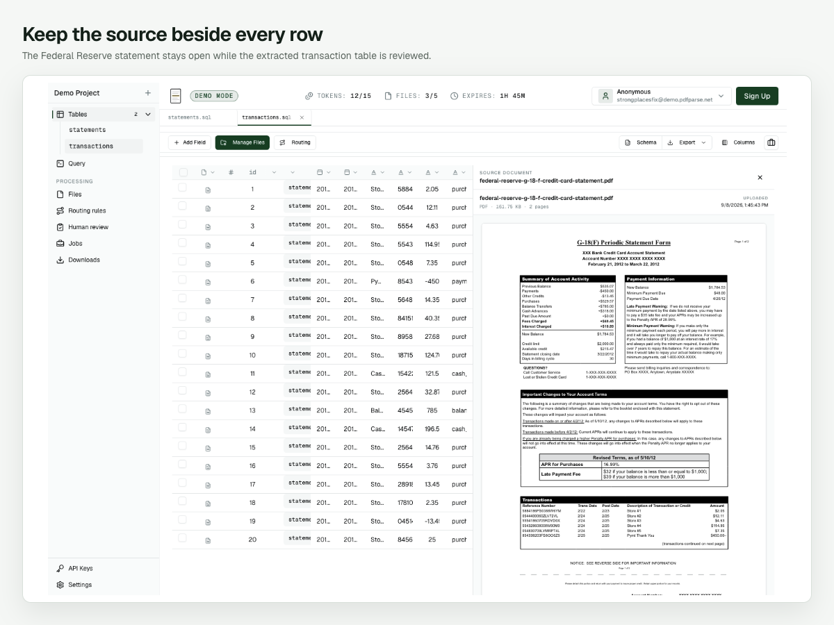 PdfParse transactions table beside page one of the Federal Reserve G-18(F) sample credit card statement, with dates, descriptions, reference numbers, amounts, and transaction types.