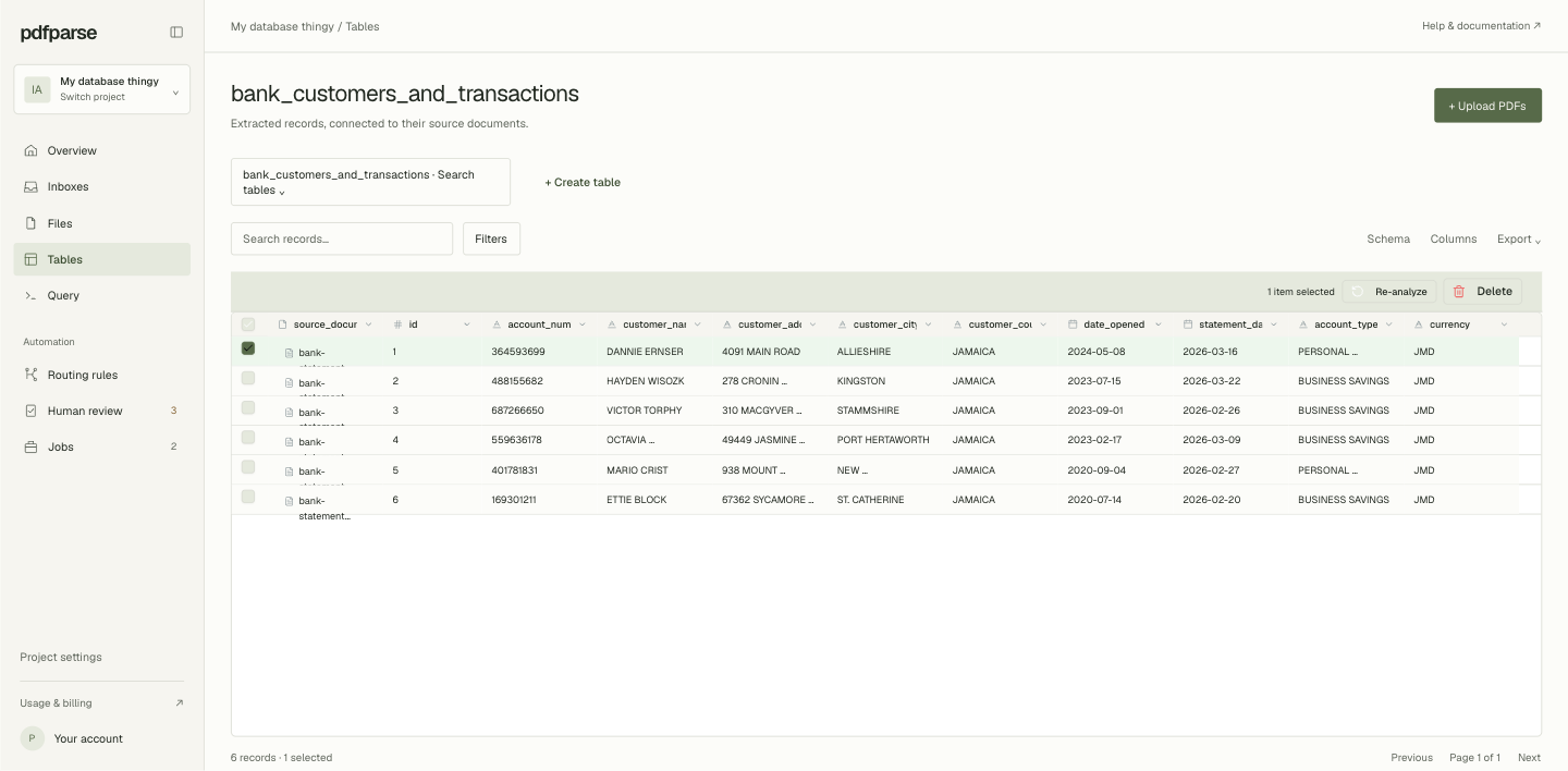 PdfParse table workspace showing extracted bank-statement account records with source documents, account numbers, customer details, dates, account types, and currencies.