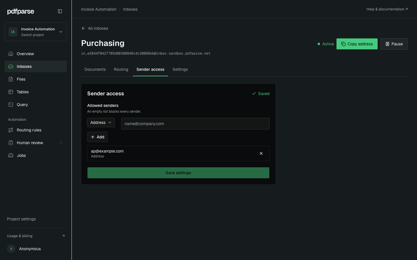 Purchasing Sender access tab with ap@example.com saved as one allowed address, alongside Add and Save settings controls.