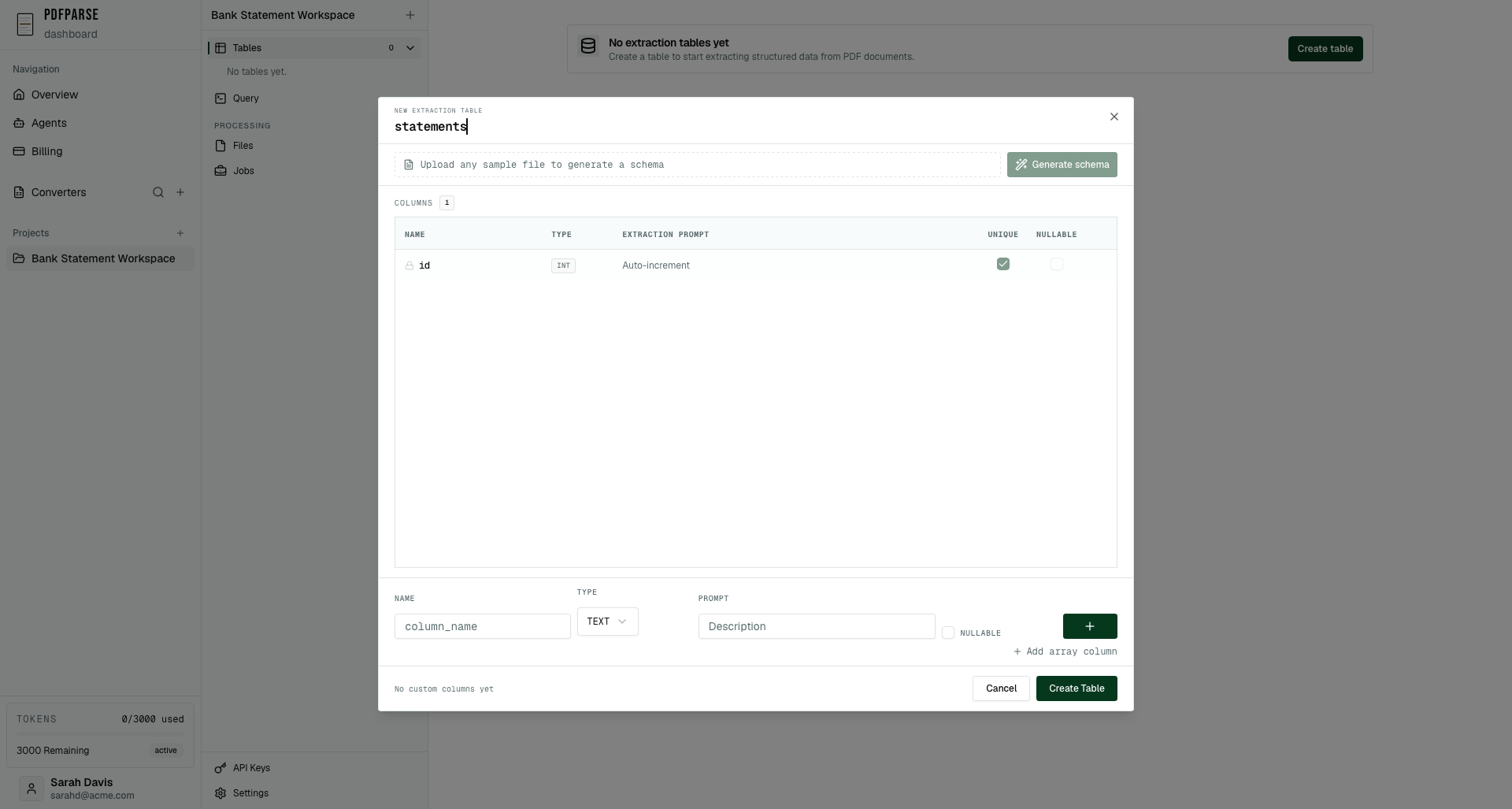 Manual field controls for reviewing and correcting a generated bank statement schema