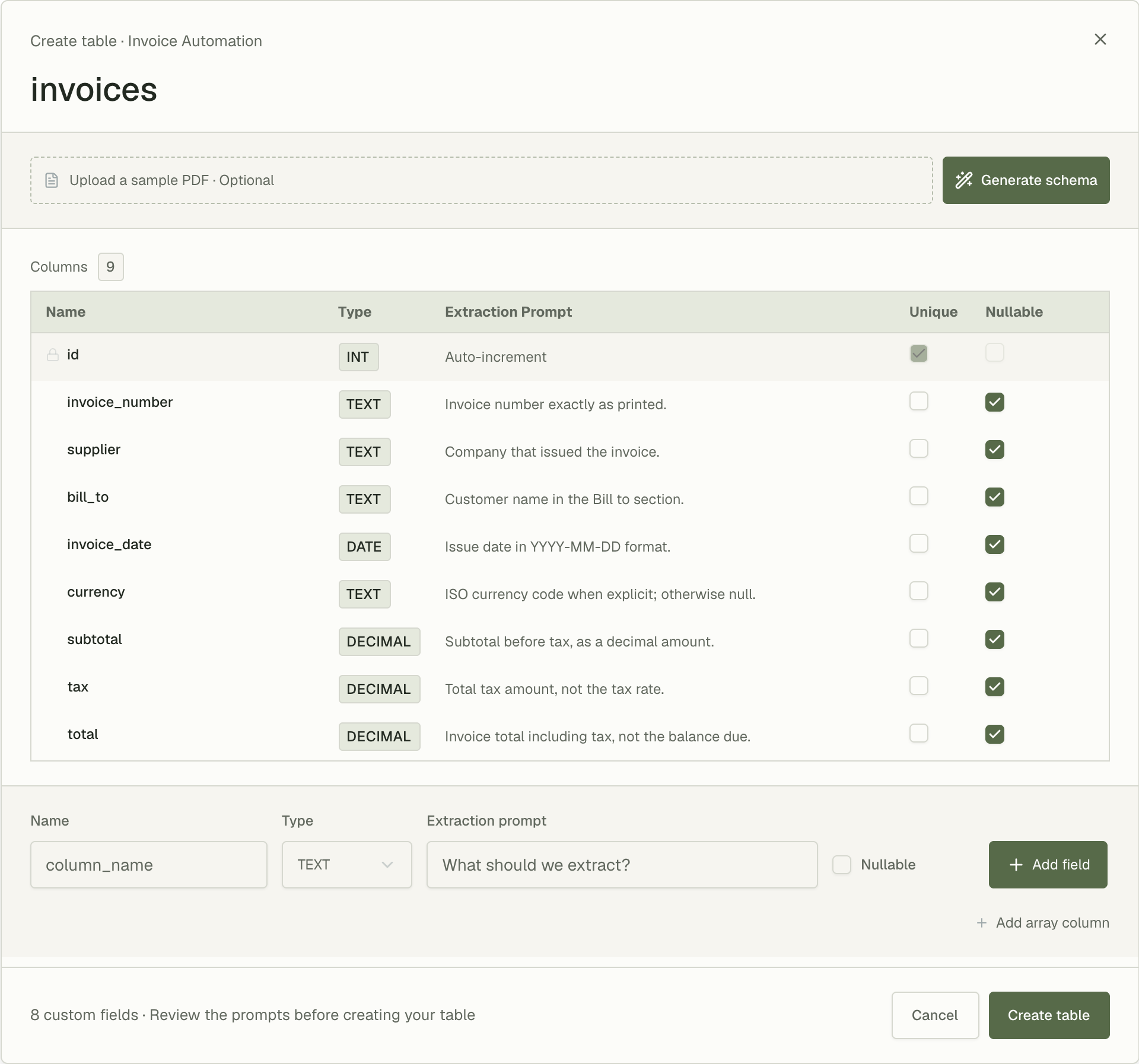 Create table sheet for invoices with nine columns: the auto-increment id, then invoice_number, supplier, bill_to and currency as TEXT, invoice_date as DATE, and subtotal, tax and total as DECIMAL, each nullable with its extraction prompt.