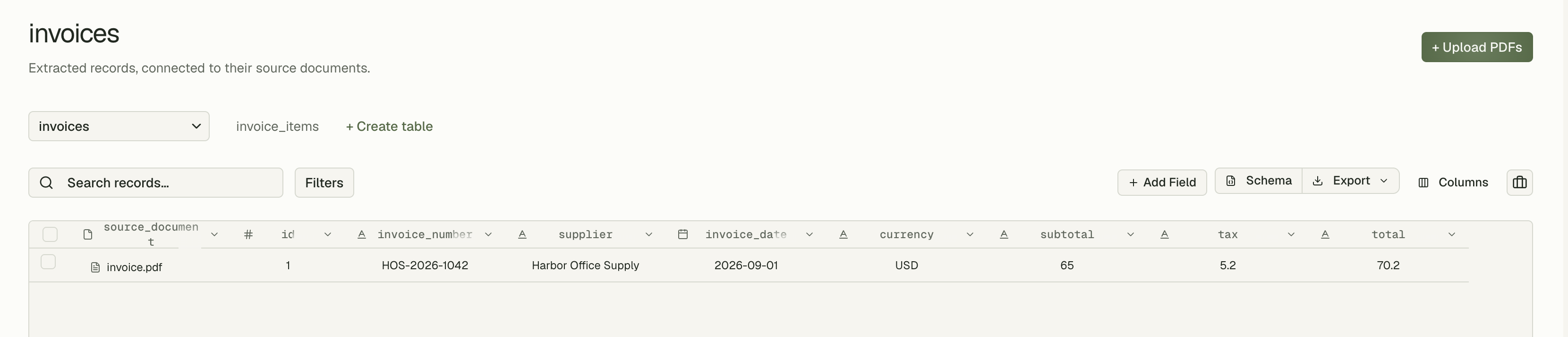 invoices table with one row from invoice.pdf: id 1, HOS-2026-1042, Harbor Office Supply, 2026-09-01, USD, subtotal 65, tax 5.2, total 70.2.