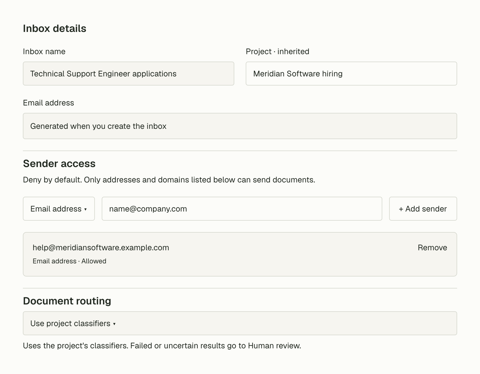 Hiring inbox configuration with the forwarding mailbox in the allowed-sender list and Use project classifiers selected.