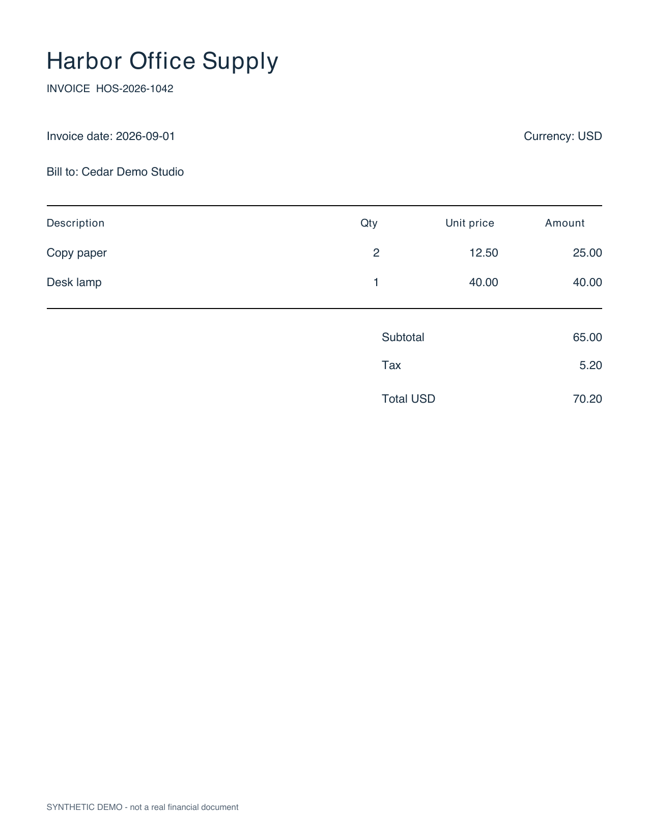 Synthetic Harbor Office Supply invoice HOS-2026-1042 with two line items and a total of 70.20 US dollars
