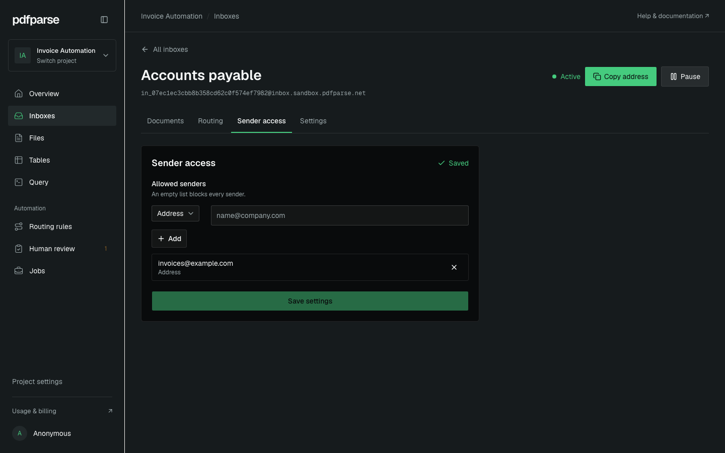Accounts payable Sender access tab with Address selected, one saved invoices@example.com entry, and Add and Save settings controls.