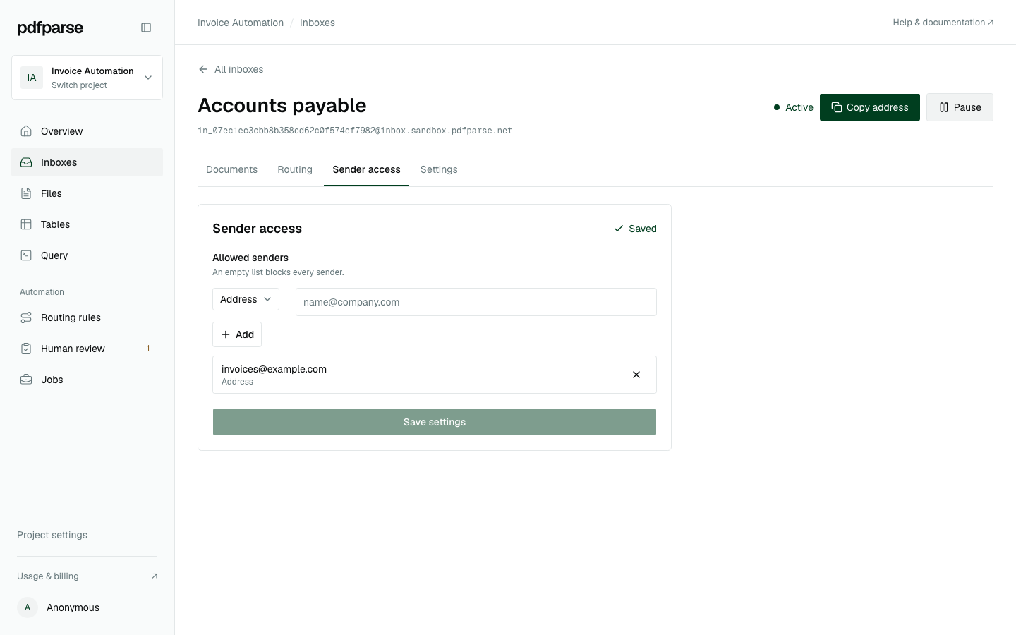 Accounts payable Sender access tab with Address selected, one saved invoices@example.com entry, and Add and Save settings controls.