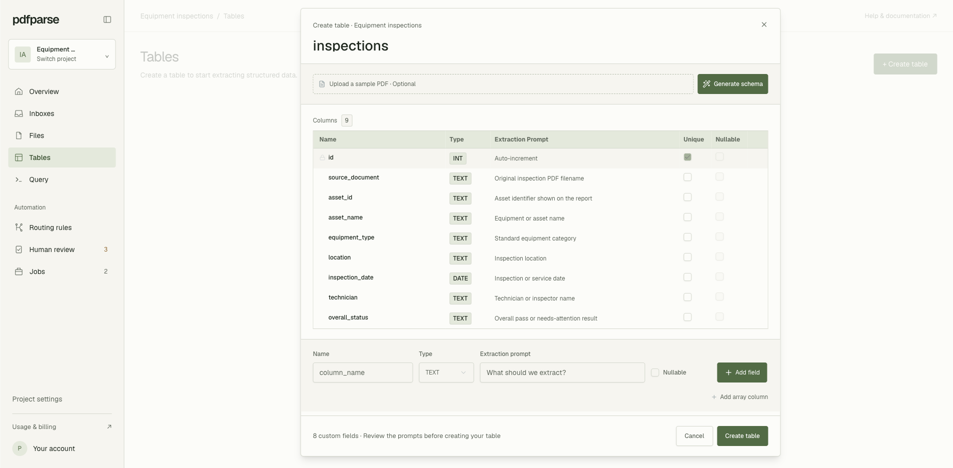 PdfParse create-table page defining the inspections parent table for equipment reports