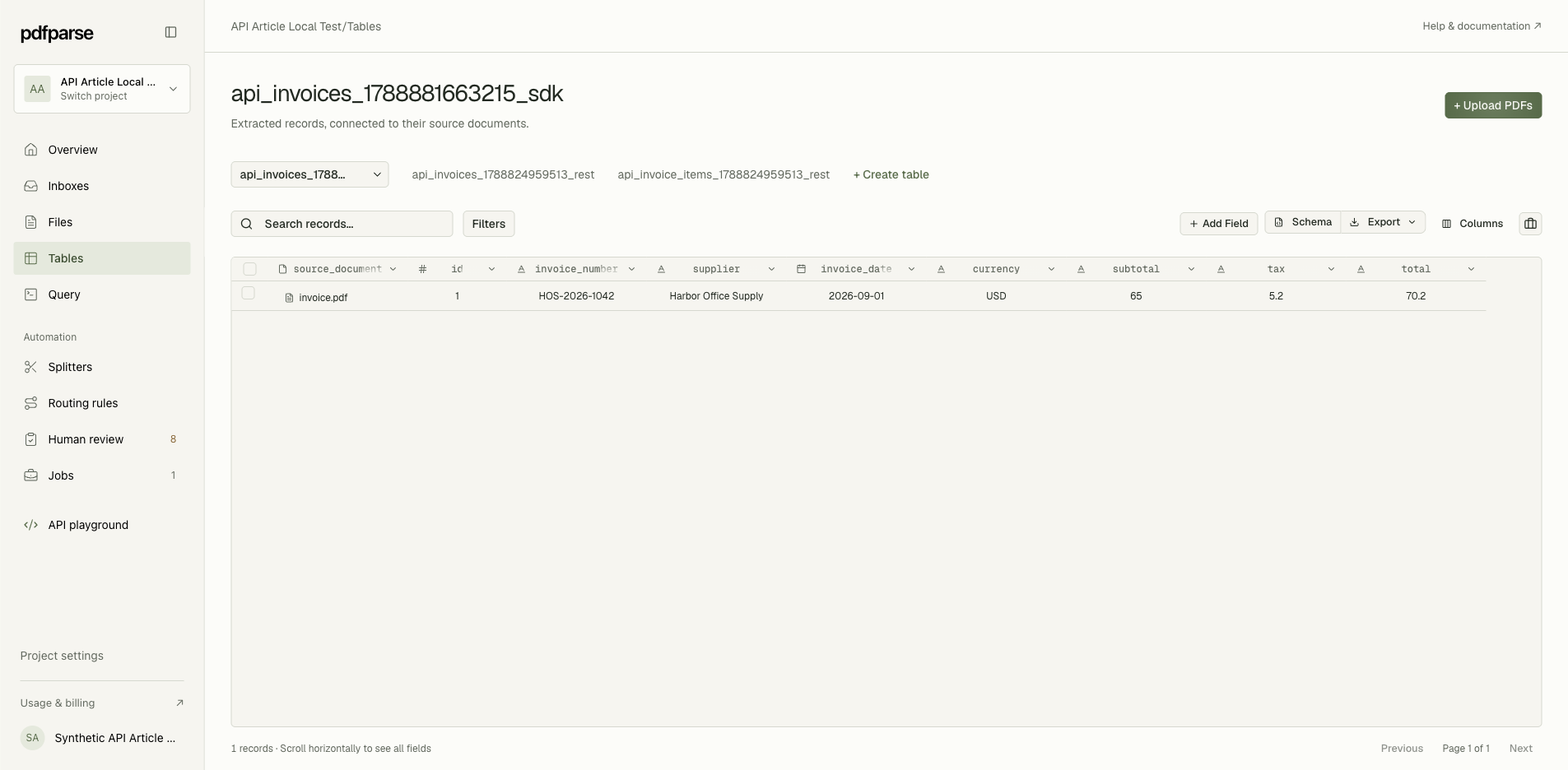 Current PdfParse table showing invoice HOS-2026-1042, its source PDF, supplier, date, currency, subtotal, tax, and total.