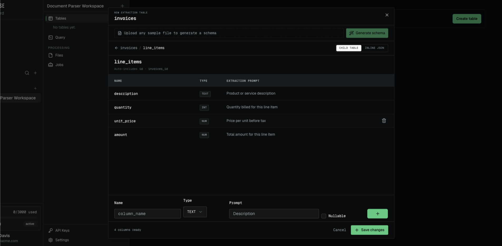 PdfParse table editor showing description, quantity, unit price, and amount fields for an invoice line-items child table