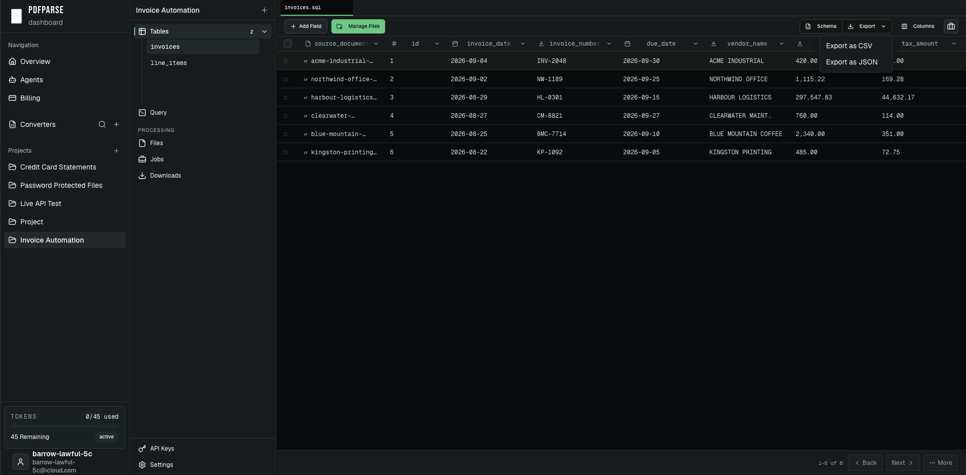 PdfParse invoice table with the export menu open and CSV and JSON options visible