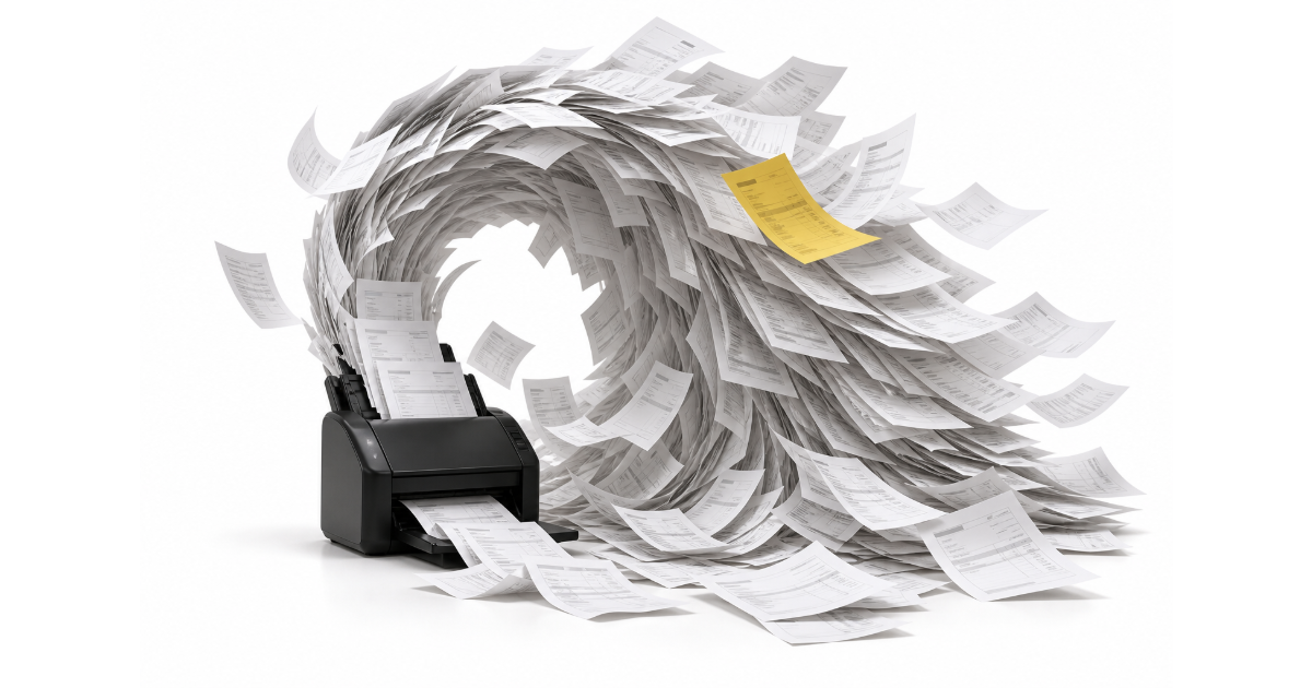 Editorial illustration of a small scanner overwhelmed by a curling wave of invoices