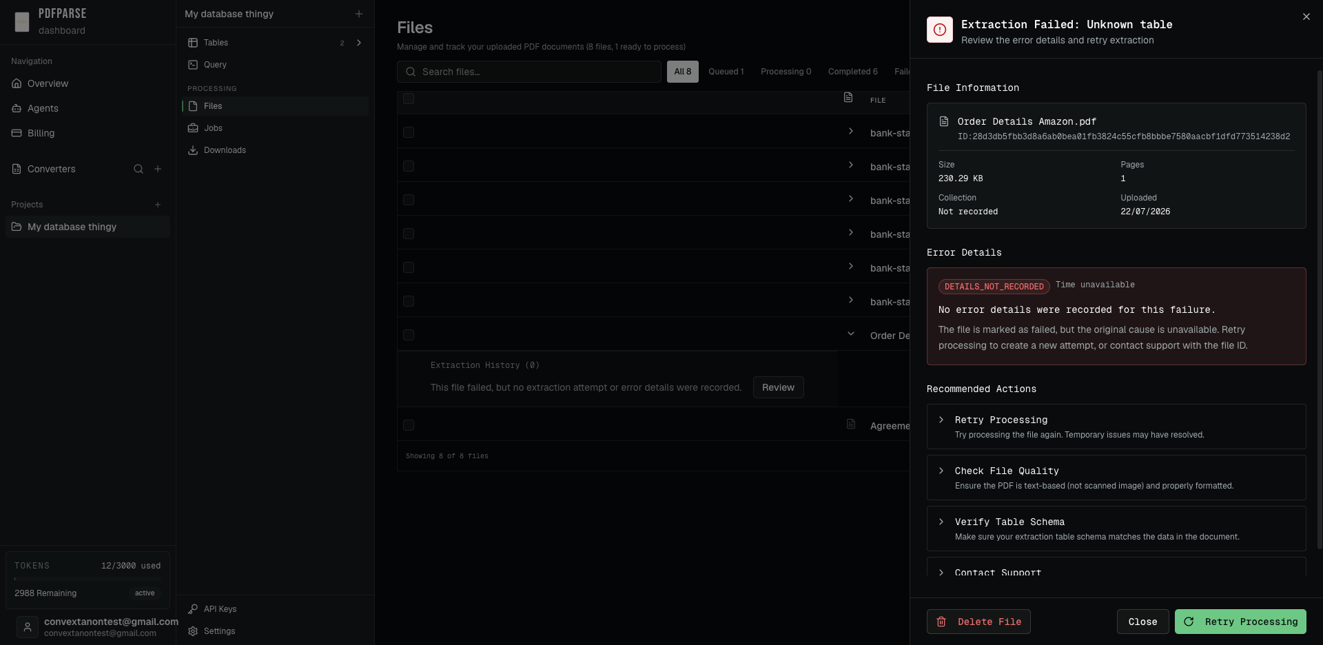PdfParse error-review drawer showing the failed file, error details, recommended actions, and retry-processing control