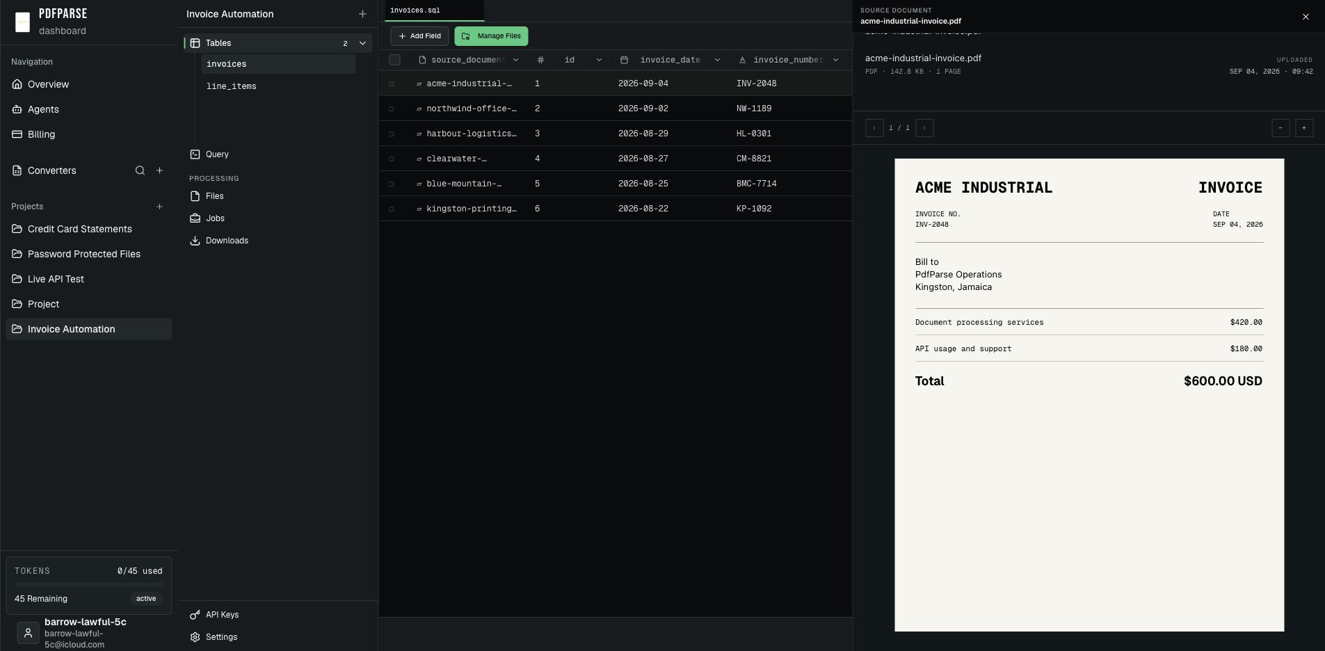 PdfParse invoice table containing records from several companies with the selected source invoice open beside the extracted data