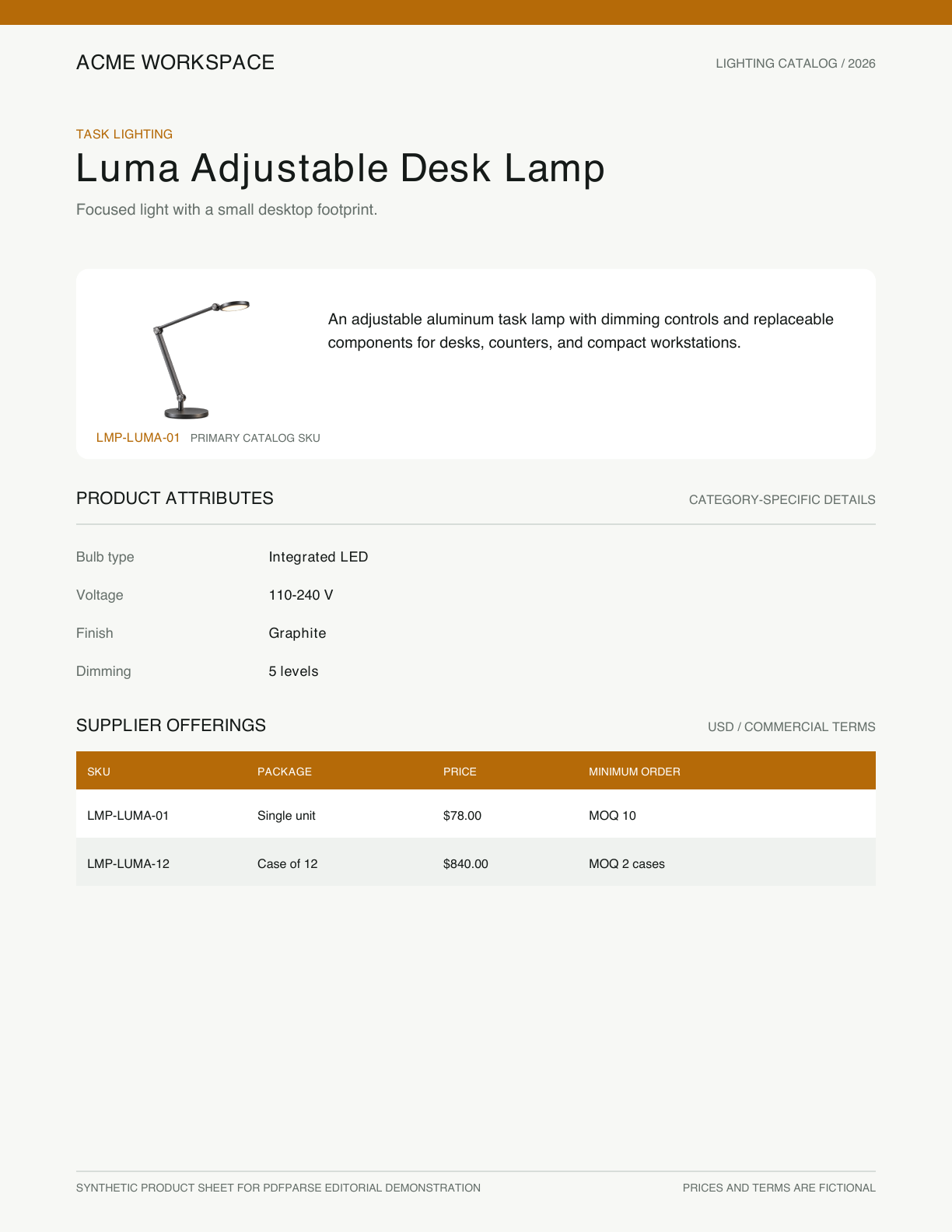 Single-page Acme Workspace product sheet for the Luma Adjustable Desk Lamp
