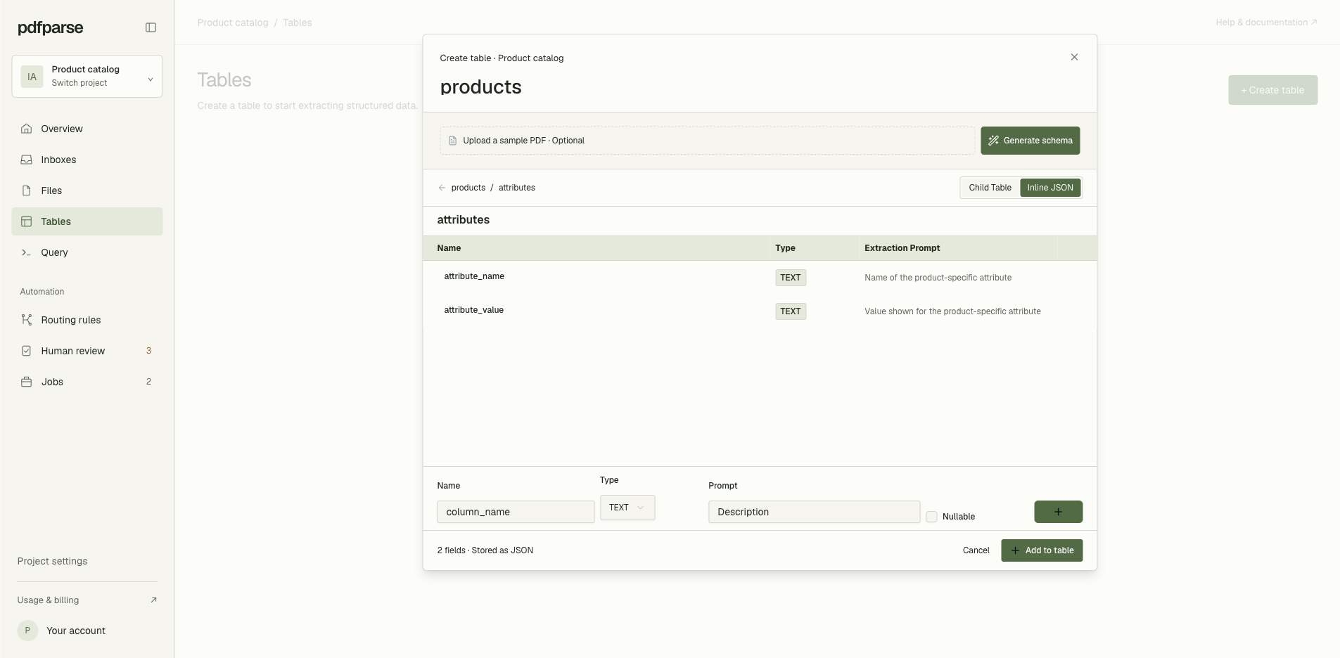 PdfParse product table editor with Inline JSON selected for an attributes field
