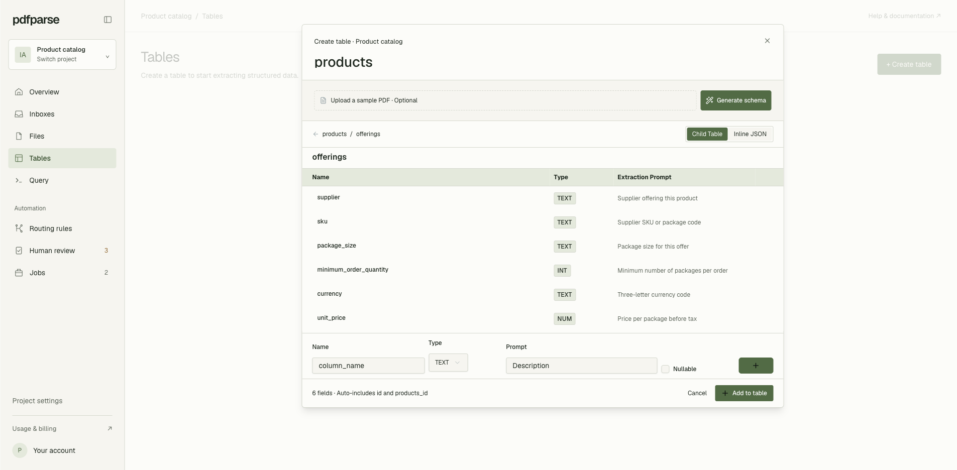 PdfParse product table editor with Child Table selected for supplier offerings