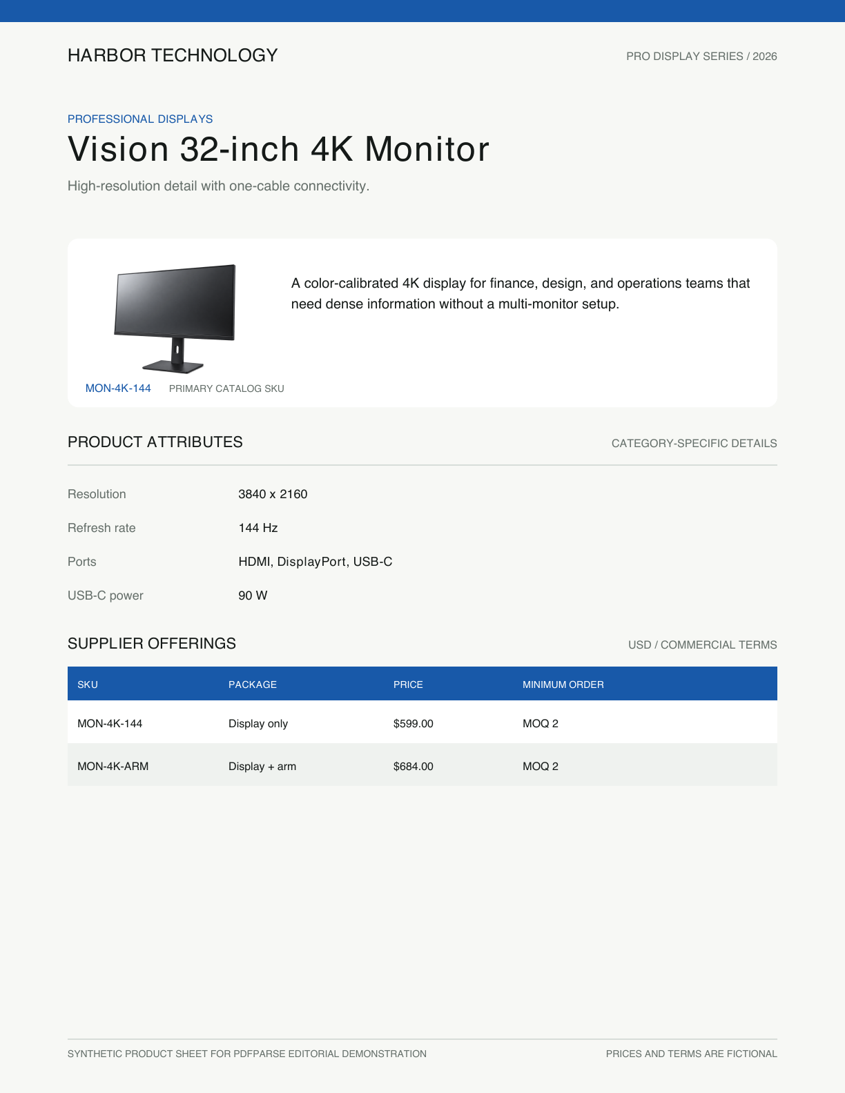 Single-page Harbor Technology product sheet for the Vision 32-inch 4K Monitor