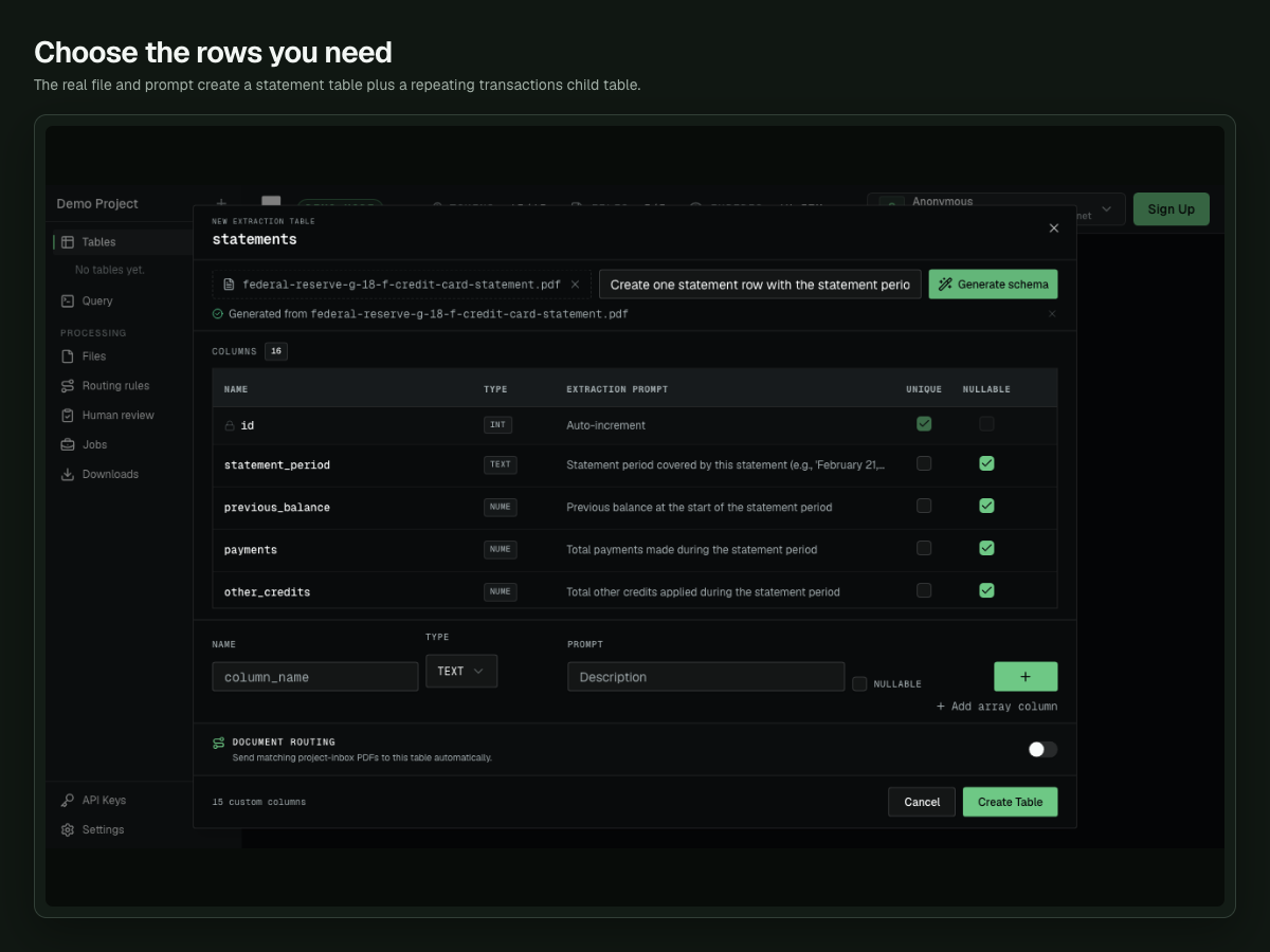 PdfParse New Extraction Table dialog for the Demo Project showing the Federal Reserve statement, the schema instruction, and generated statement fields