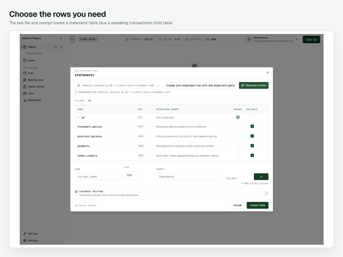 PdfParse New Extraction Table dialog for the Demo Project showing the Federal Reserve statement, the schema instruction, and generated statement fields