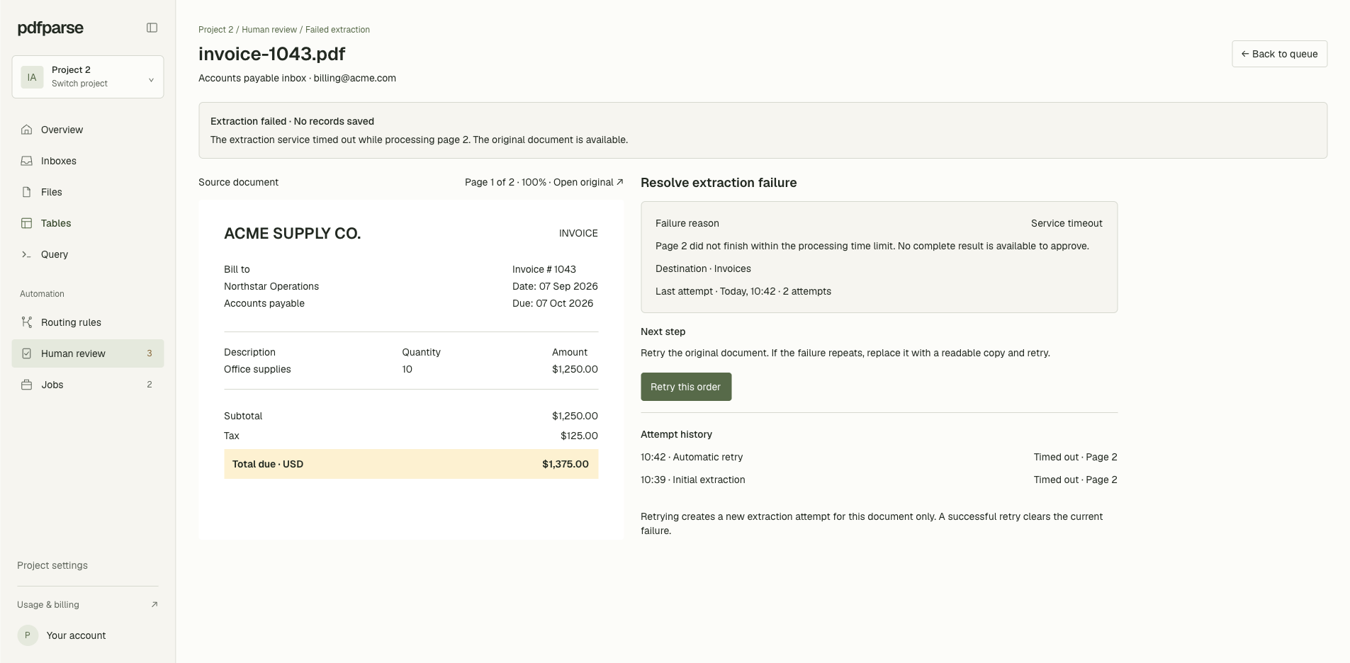 PdfParse failed extraction review showing an invoice beside its failure details and retry action