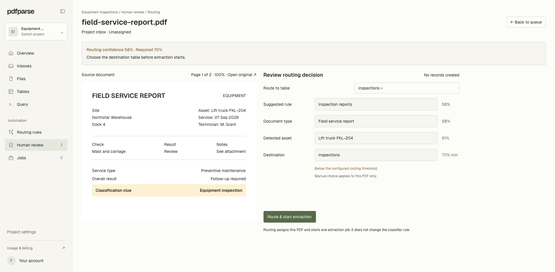 PdfParse routing review showing a field-service report beside its suggested destination